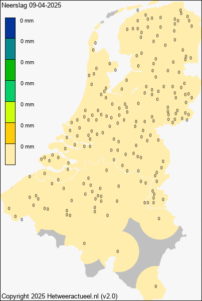 actuele neerslag in mm, gemeten door weeramateurs. Wordt bij start van de dag op 0 gezet