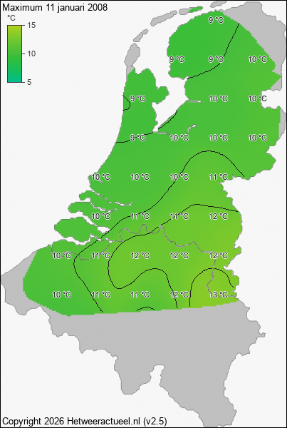 Maximum temperatuur 11 januari 2008