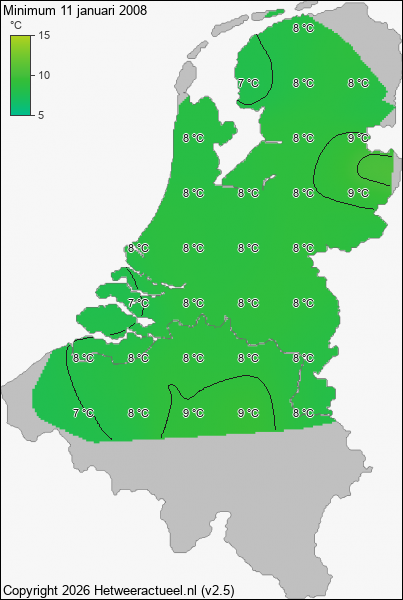 Minimum temperatuur 11 januari 2008