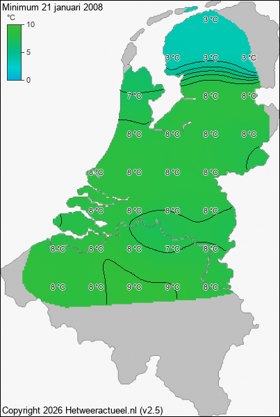 Minimum temperatuur 21 januari 2008