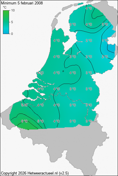 Minimum temperatuur 5 februari 2008