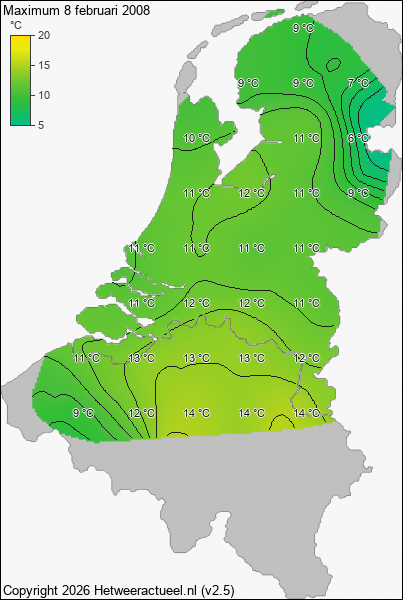 Maximum temperatuur 8 februari 2008