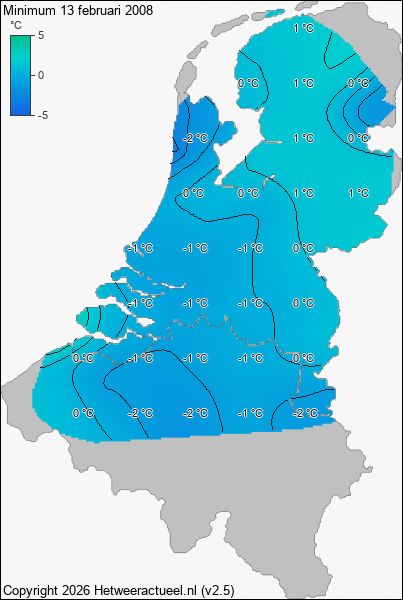 Minimum temperatuur 13 februari 2008