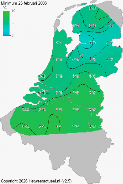 Minimum temperatuur 23 februari 2008