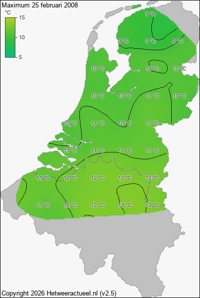 Maximum temperatuur 25 februari 2008