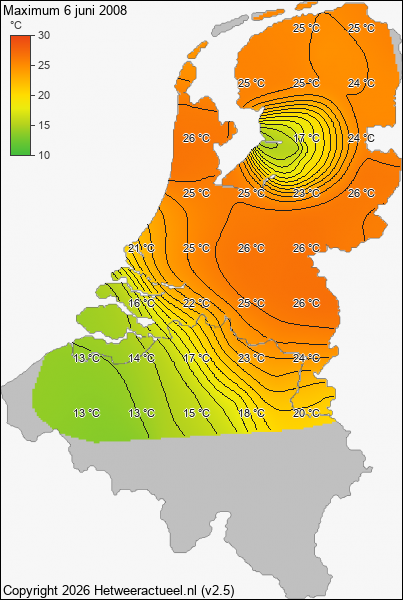 Maximum temperatuur 6 juni 2008