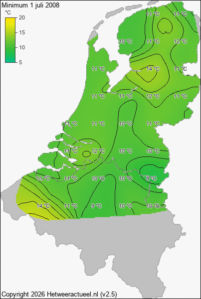 Minimum temperatuur 1 juli 2008