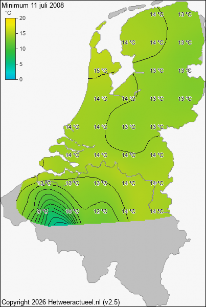Minimum temperatuur 11 juli 2008