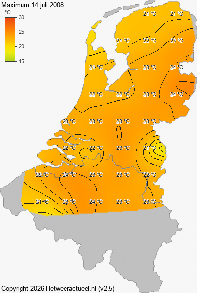 Maximum temperatuur 14 juli 2008