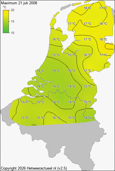 Maximum temperatuur 21 juli 2008