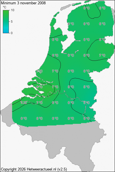 Minimum temperatuur 3 november 2008