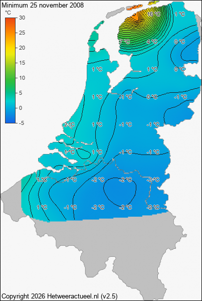 Minimum temperatuur 25 november 2008