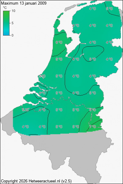 Maximum temperatuur 13 januari 2009