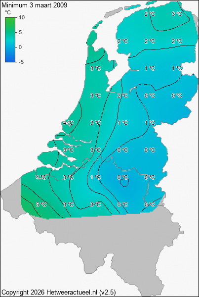 Minimum temperatuur 3 maart 2009
