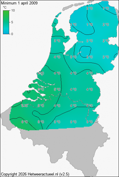 Minimum temperatuur 1 april 2009