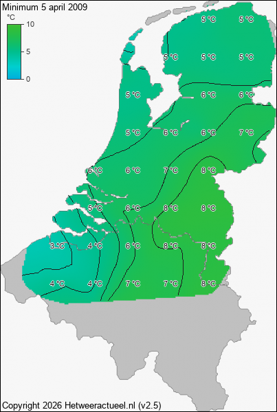 Minimum temperatuur 5 april 2009