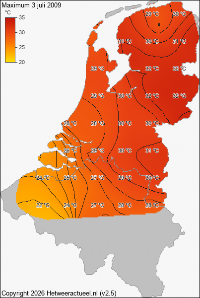 Maximum temperatuur 3 juli 2009