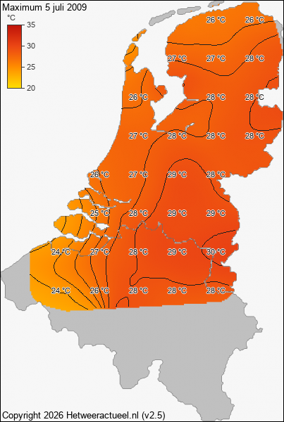 Maximum temperatuur 5 juli 2009