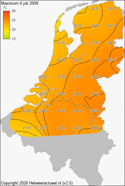 Maximum temperatuur 6 juli 2009