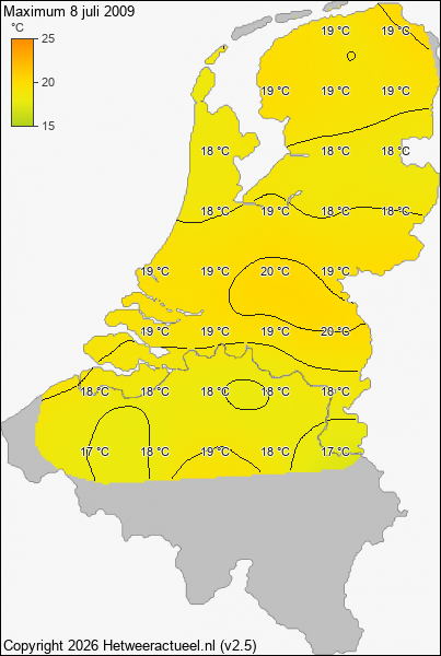 Maximum temperatuur 8 juli 2009
