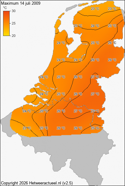 Maximum temperatuur 14 juli 2009