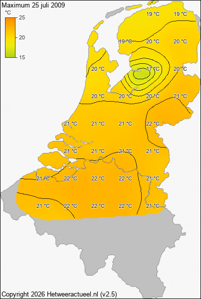 Maximum temperatuur 25 juli 2009