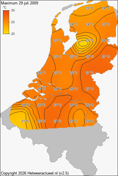 Maximum temperatuur 29 juli 2009