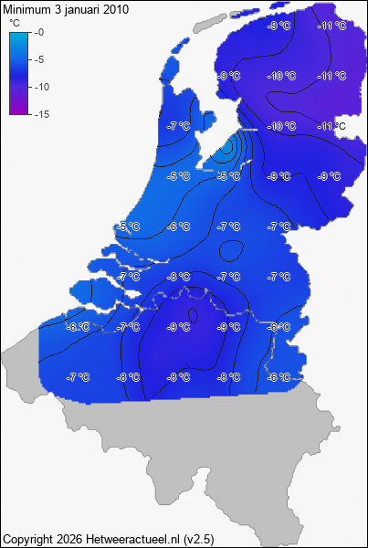 Minimum temperatuur 3 januari 2010
