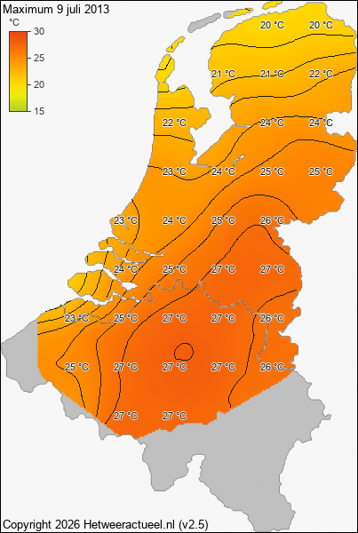 Maximum temperatuur 9 juli 2013