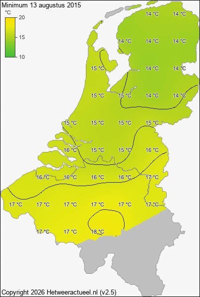 Minimum temperatuur 13 augustus 2015