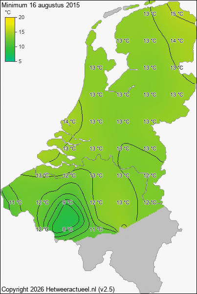 Minimum temperatuur 16 augustus 2015