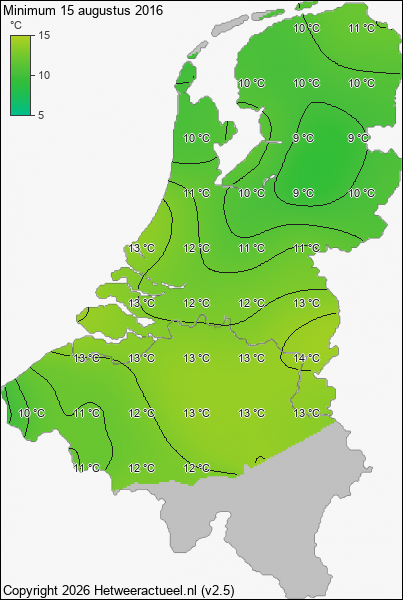 Minimum temperatuur 15 augustus 2016