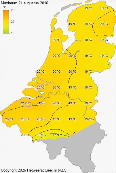 Maximum temperatuur 21 augustus 2016