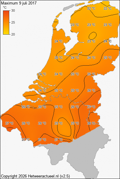 Maximum temperatuur 9 juli 2017