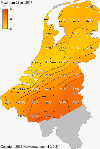 Maximum temperatuur 29 juli 2017