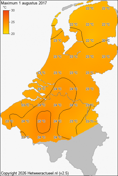 Maximum temperatuur 1 augustus 2017