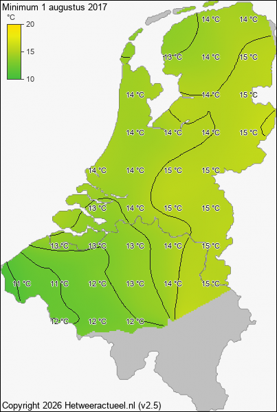 Minimum temperatuur 1 augustus 2017