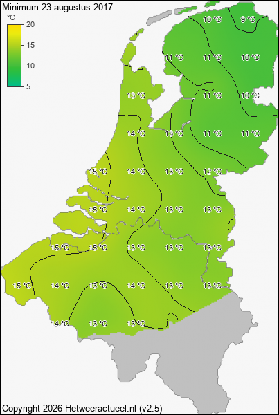 Minimum temperatuur 23 augustus 2017