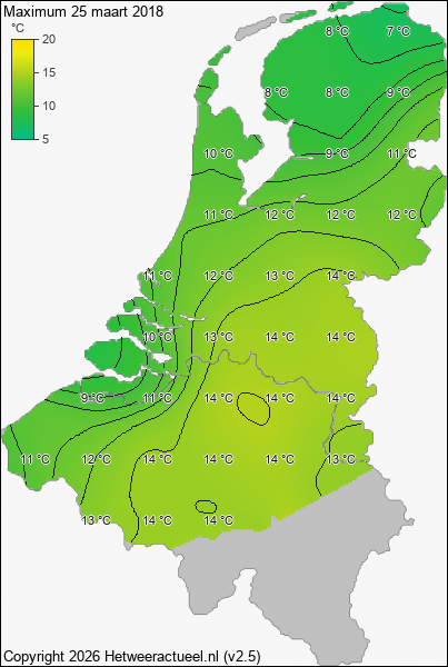 Maximum temperatuur 25 maart 2018