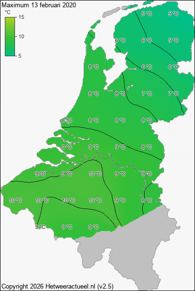 Maximum temperatuur 13 februari 2020