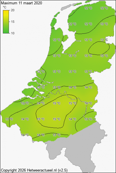 Maximum temperatuur 11 maart 2020
