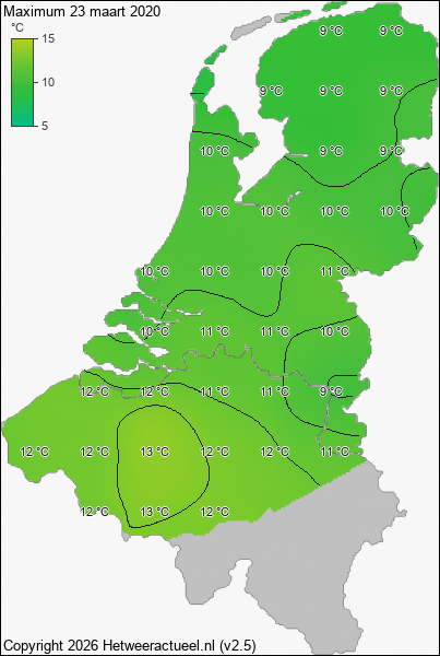Maximum temperatuur 23 maart 2020