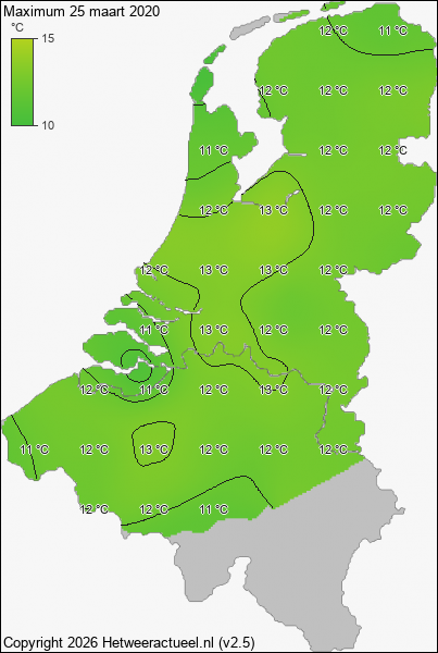 Maximum temperatuur 25 maart 2020