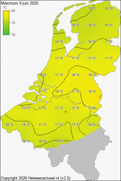 Maximum temperatuur 9 juni 2020