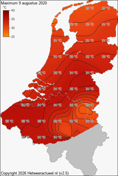 Maximum temperatuur 9 augustus 2020