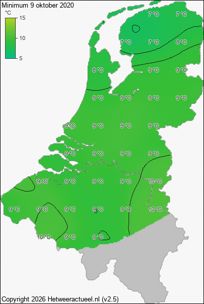Minimum temperatuur 9 oktober 2020