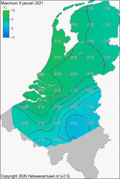 Maximum temperatuur 9 januari 2021