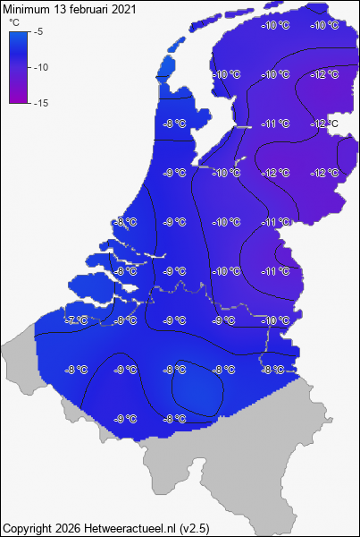 Minimum temperatuur 13 februari 2021