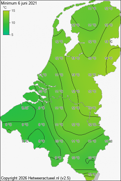 Minimum temperatuur 6 juni 2021