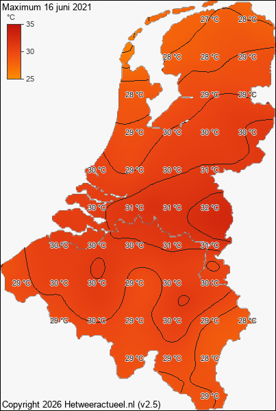 Maximum temperatuur 16 juni 2021